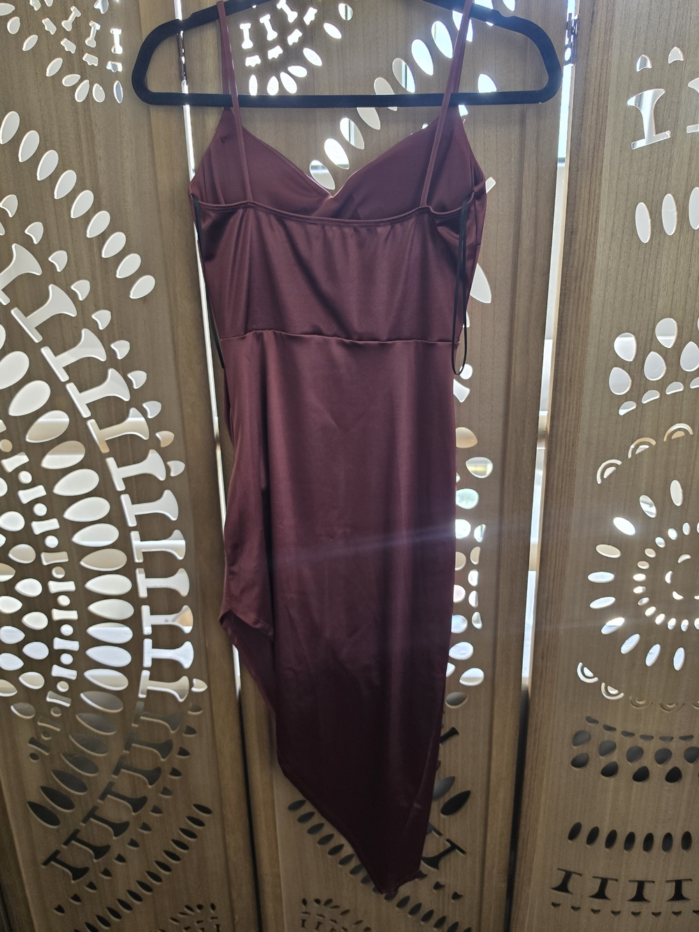 Lovely Day Asymmetrical Satin Slip Dress in Red Brown - Picture 2 of 3